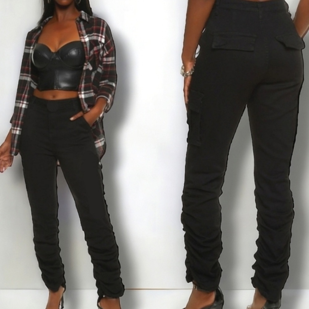 Free People Small Pants 100% Cotton cargo black drawstring ruched ankles